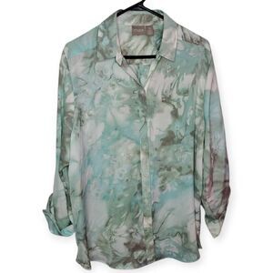 Chico's Women's Plus Size No Iron Floral Paint Print Shirt Italian Aqua size 3 (
